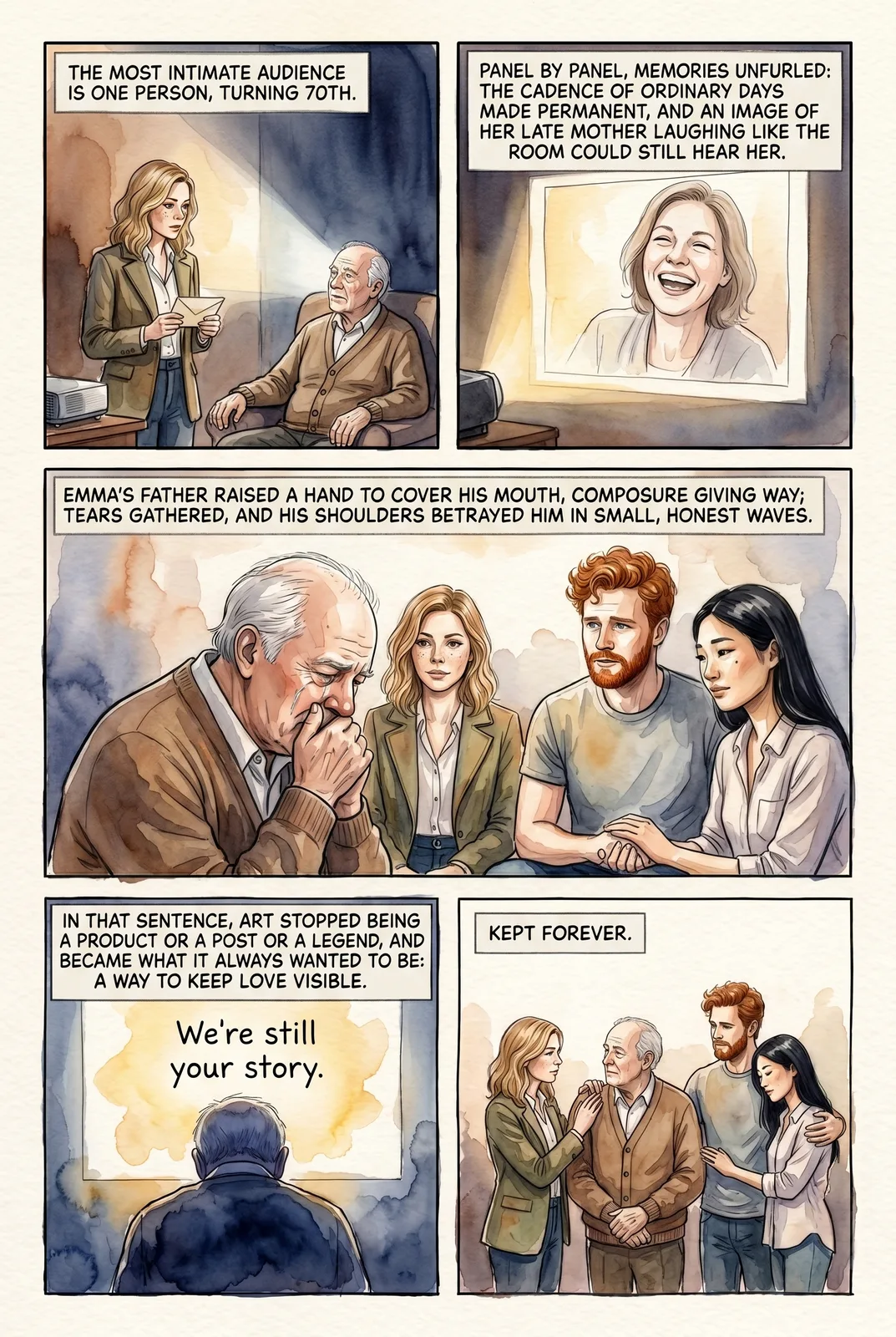 A group memory rendered as a warm watercolor comic page with the real people drawn in