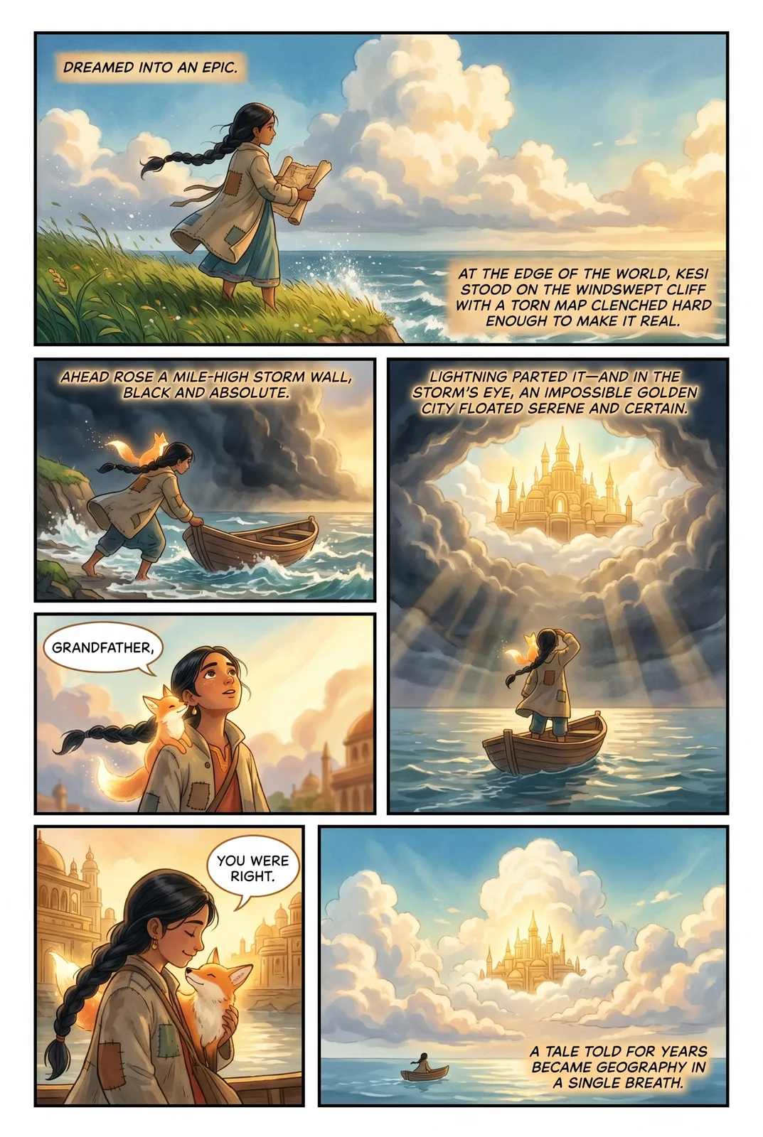 A story chapter rendered as a Studio Ghibli–style comic page with the writer’s characters and props